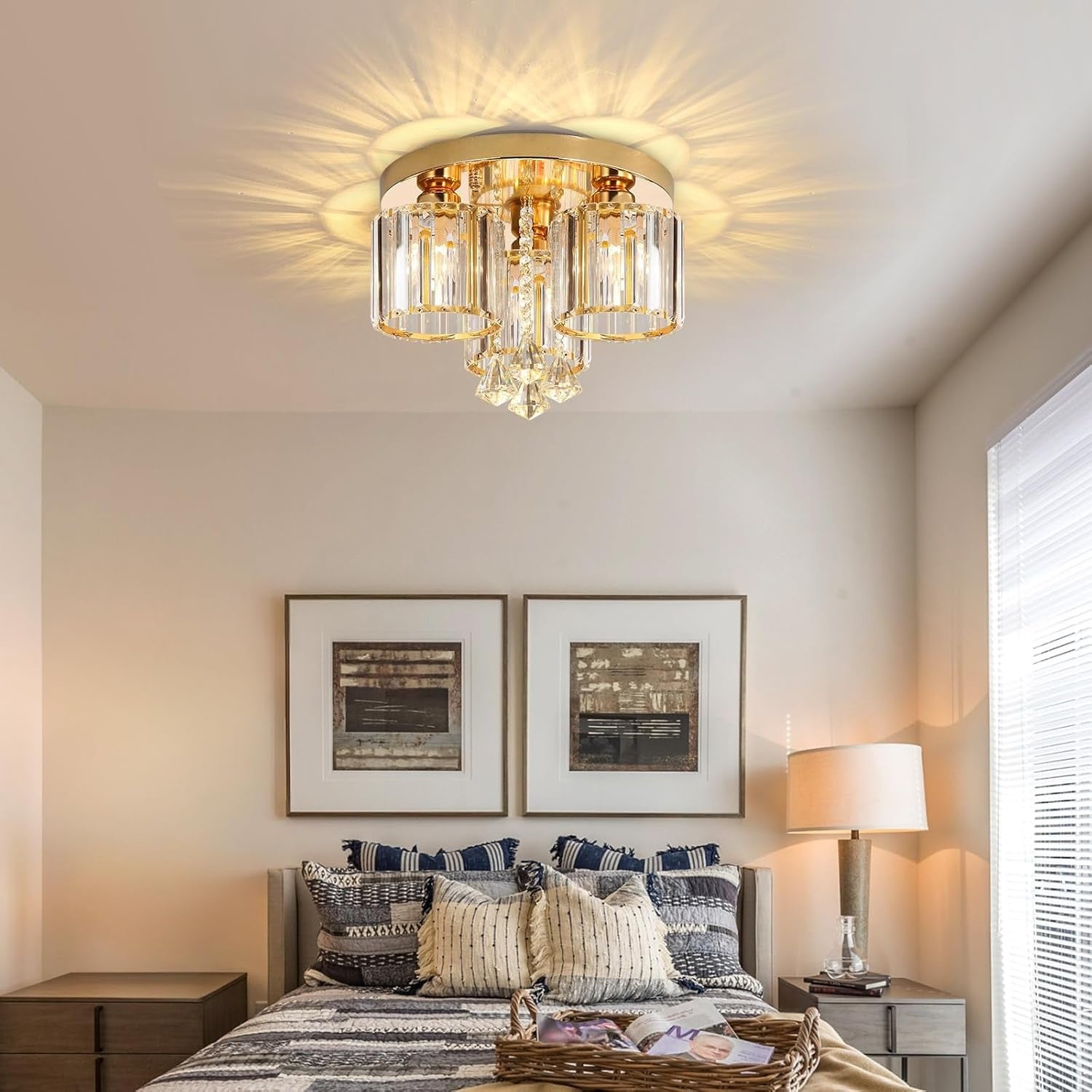 Crystal Modern Ceiling Light with Cylinder Crystal Shade for Living Room