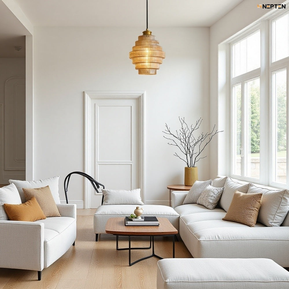 Antique Stripped Glass Brass Pendant Light