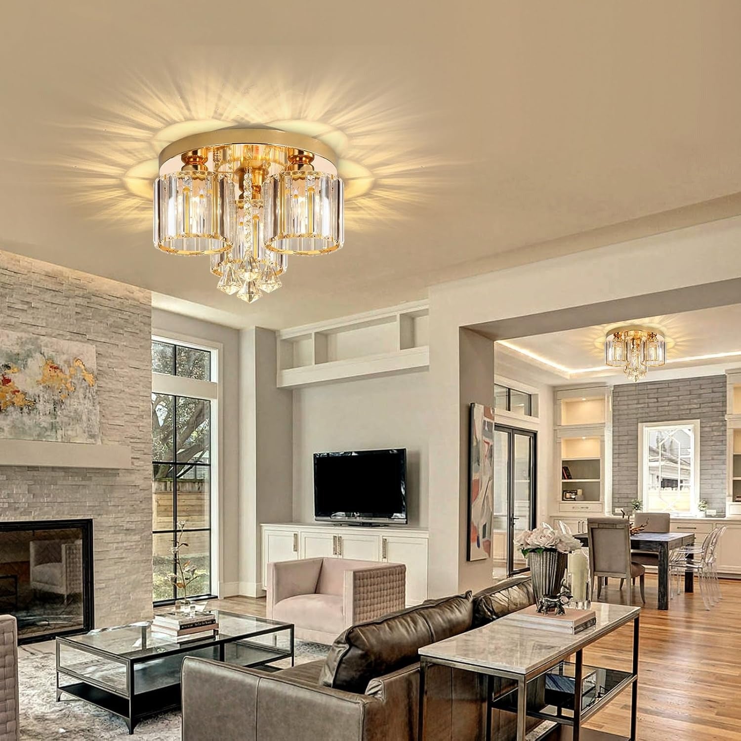 Crystal Modern Ceiling Light with Cylinder Crystal Shade for Living Room