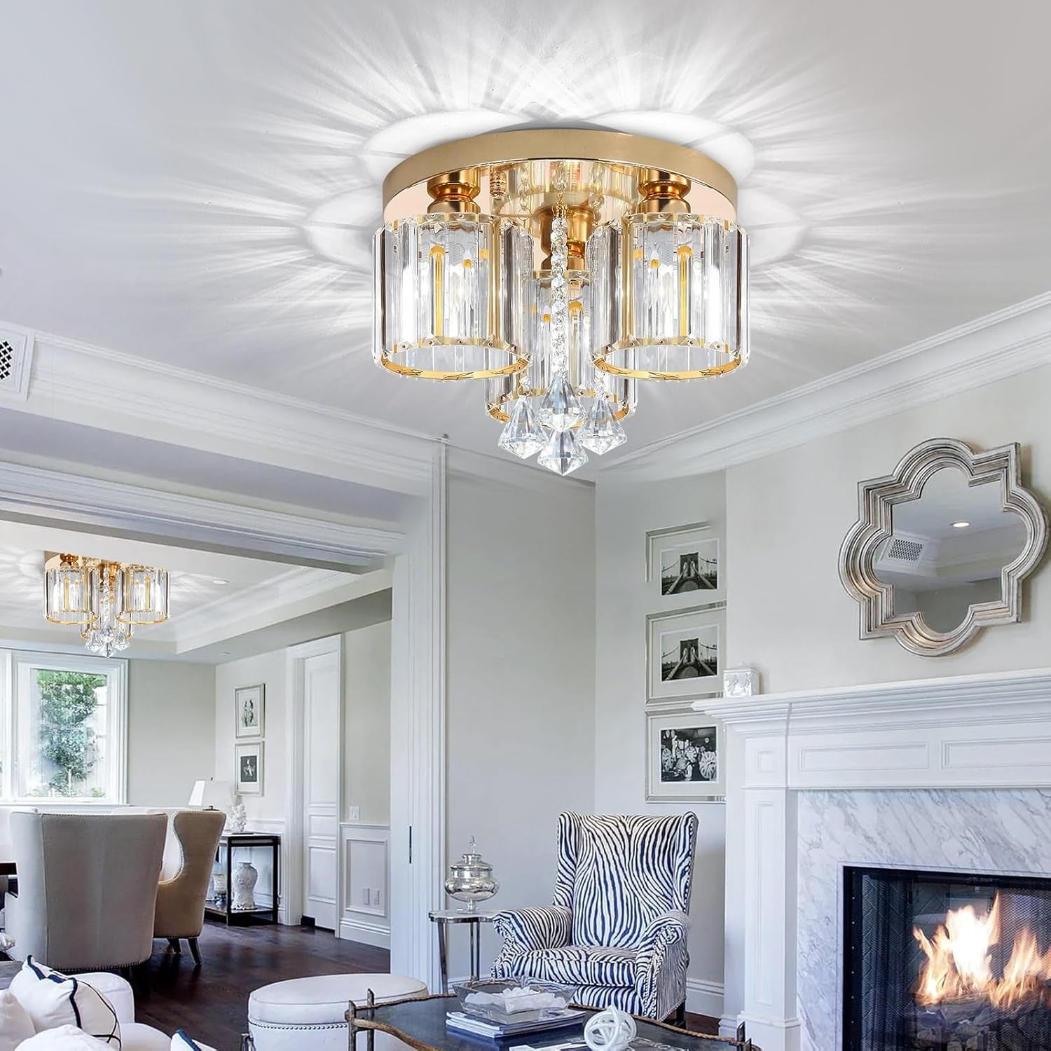 Crystal Modern Ceiling Light with Cylinder Crystal Shade for Living Room