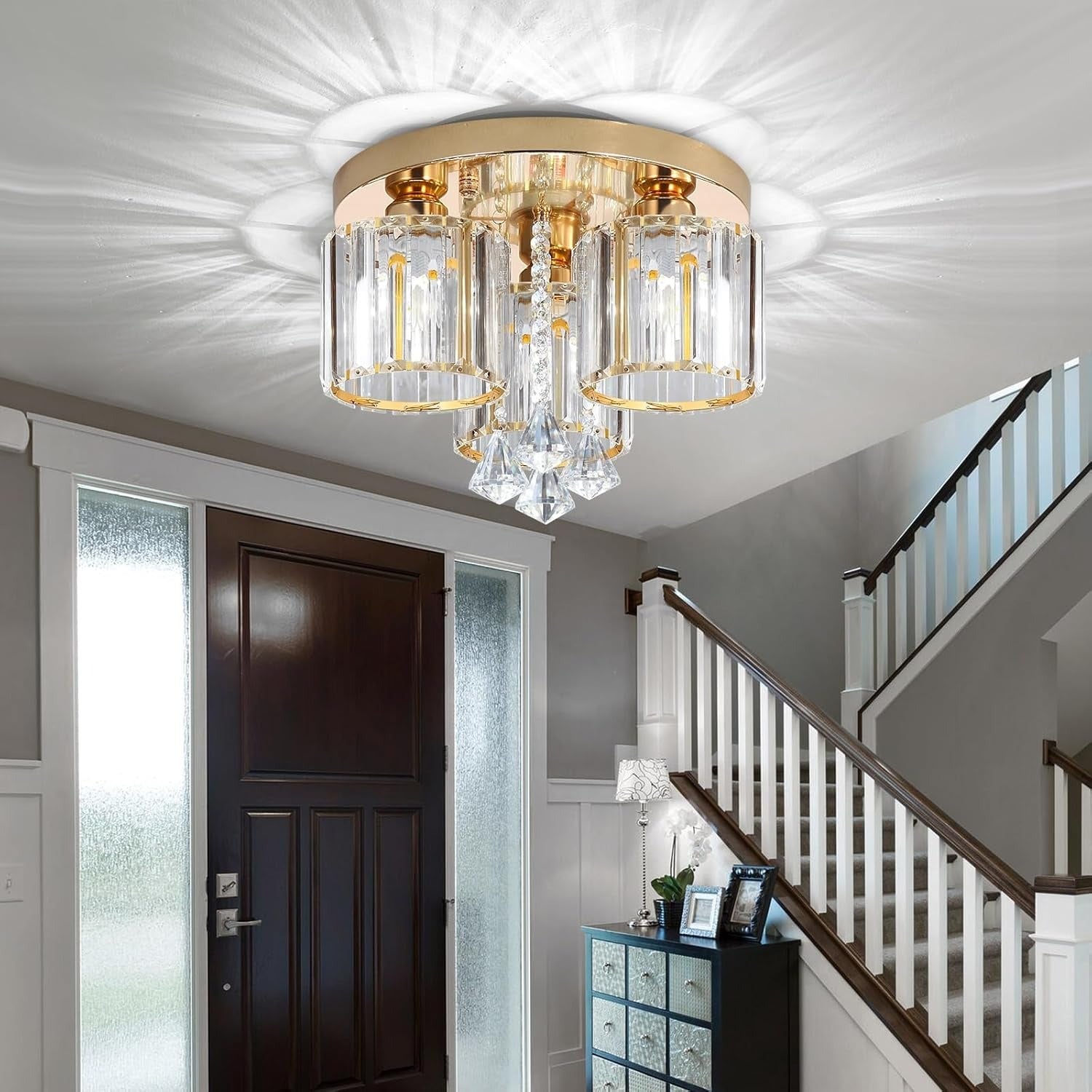 Crystal Modern Ceiling Light with Cylinder Crystal Shade for Living Room