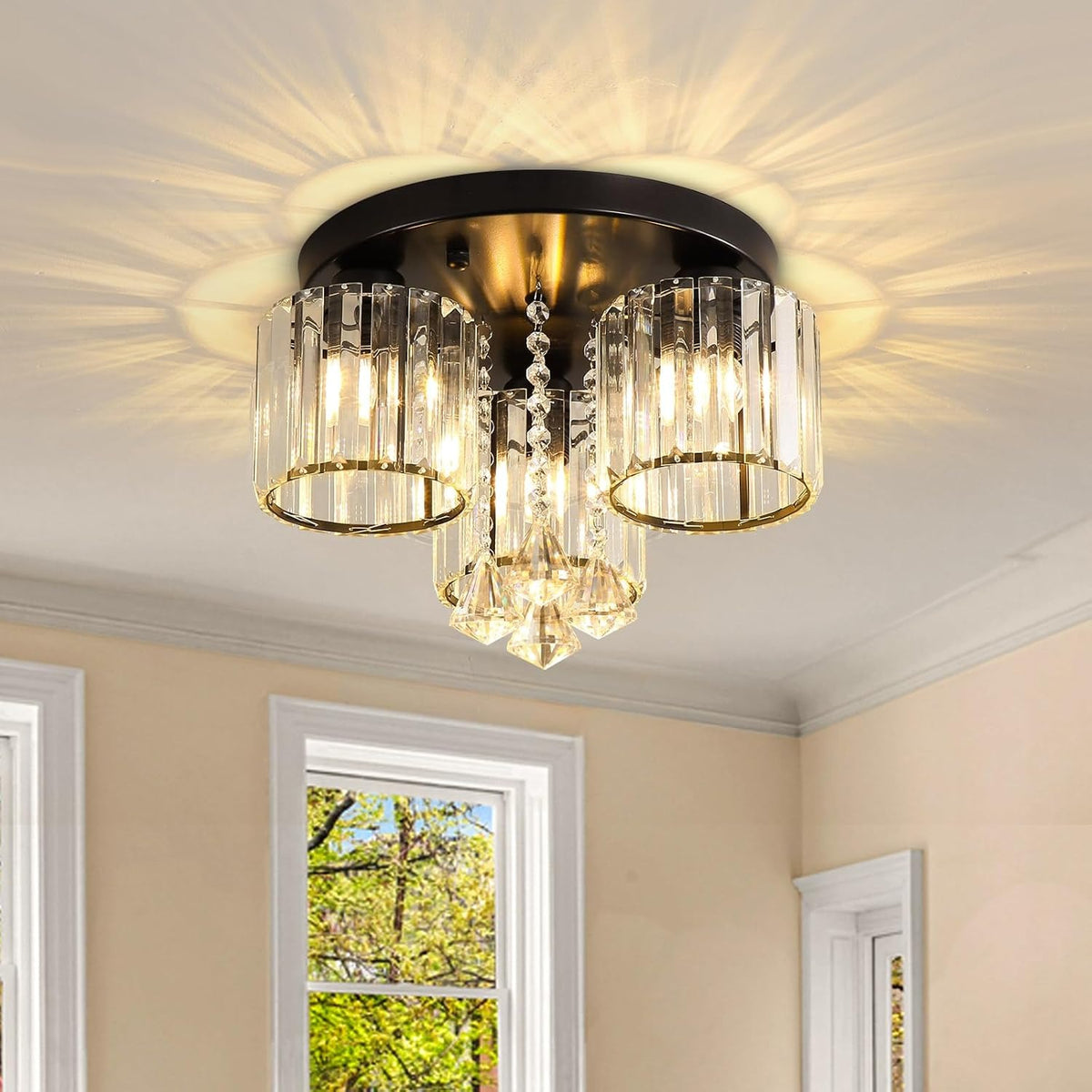 Crystal Modern Ceiling Light with Cylinder Crystal Shade for Living Room