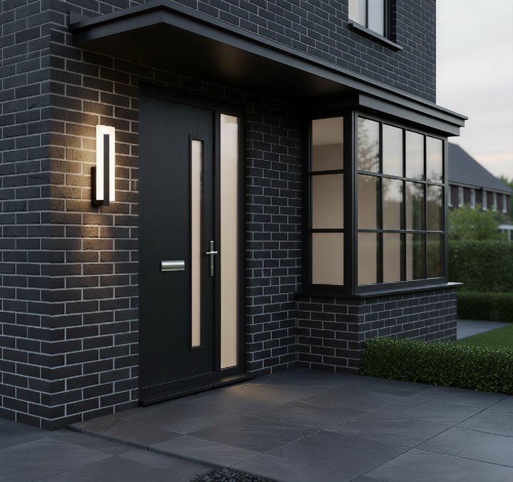 Modern black door on a brick house with exterior lighting