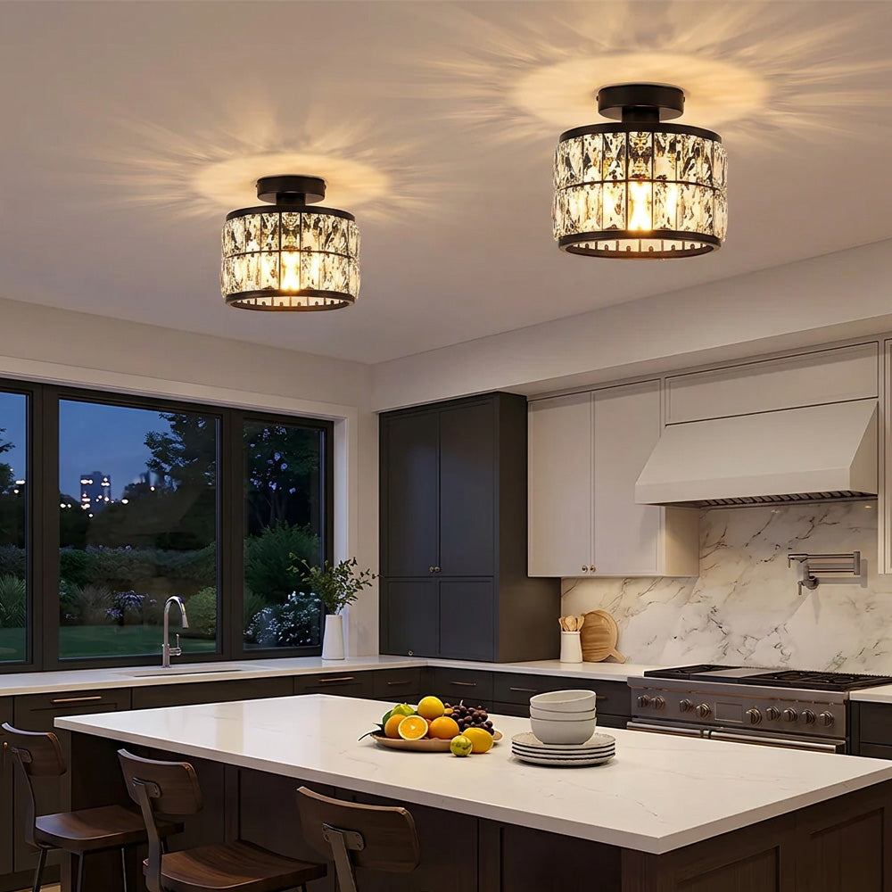 Cylindrical Iron Crystal Semi-Flush Ceiling Light for Entryway Bedroom