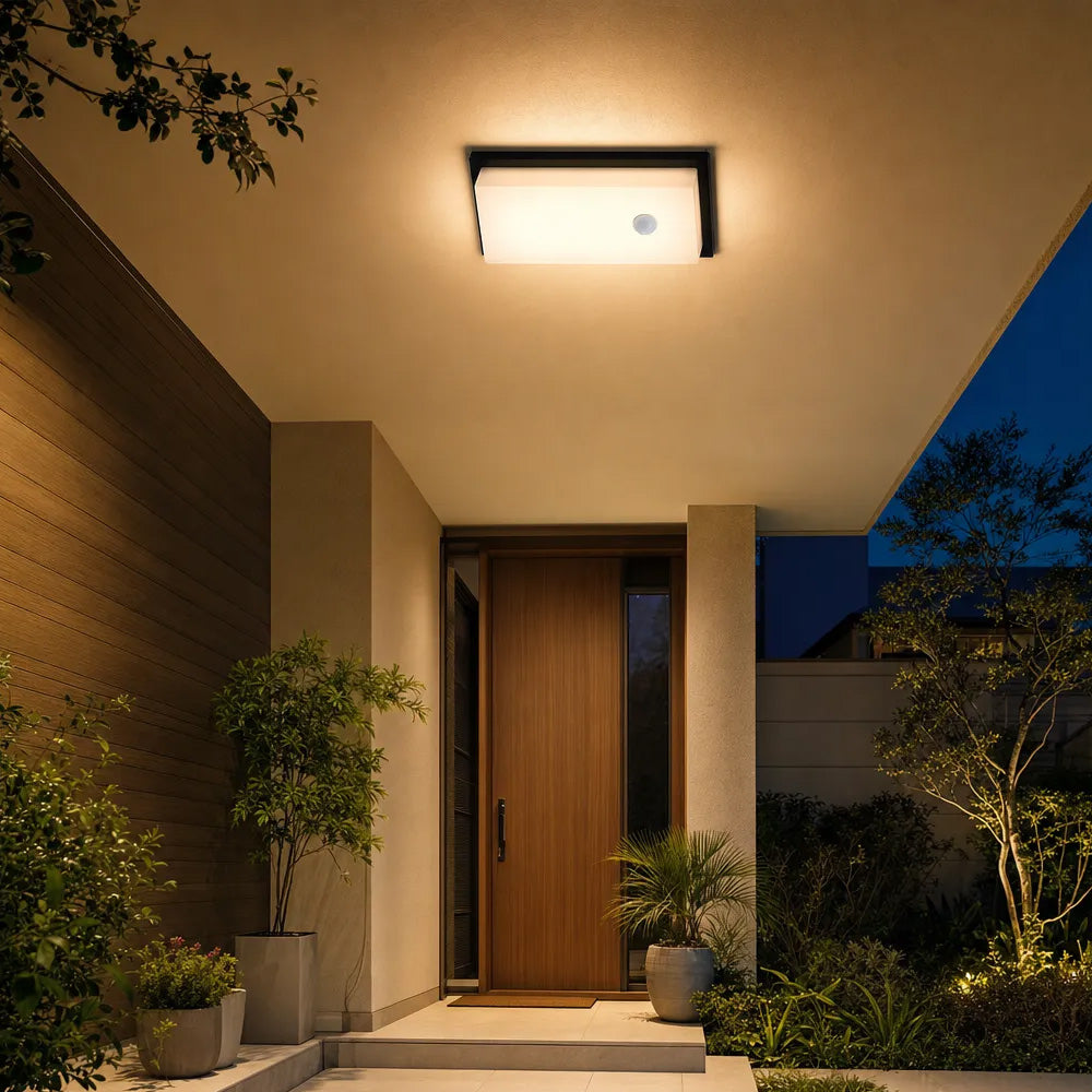 IP65 Rectangular Motion Sensor Aluminium PC Outdoor Ceiling Light for Entryway