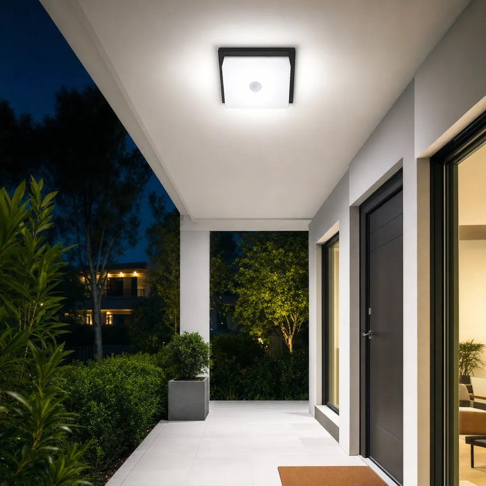 IP65 Rectangular Motion Sensor Aluminium PC Outdoor Ceiling Light for Entryway