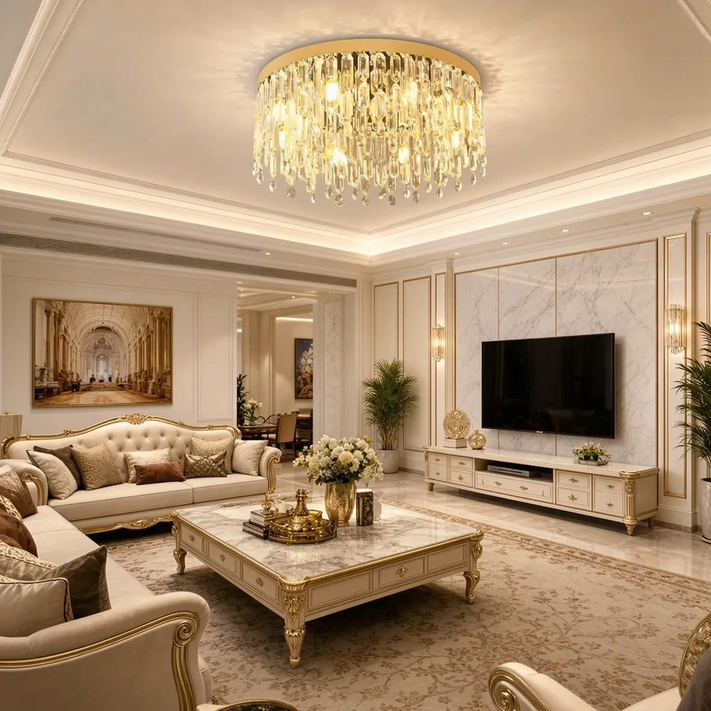 Luxury Gold Crystal Flush Mount Ceiling Light for Living Room