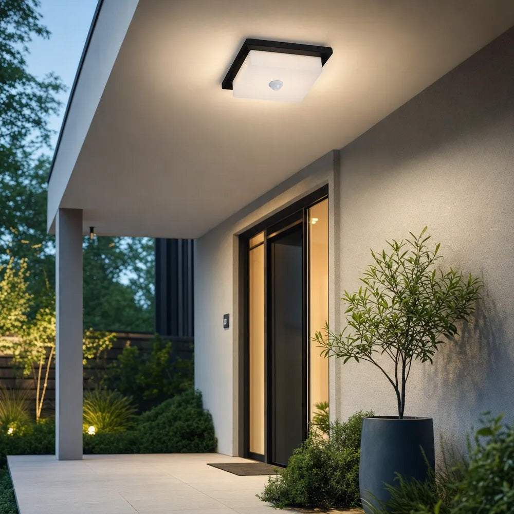 IP65 Rectangular Motion Sensor Aluminium PC Outdoor Ceiling Light for Entryway