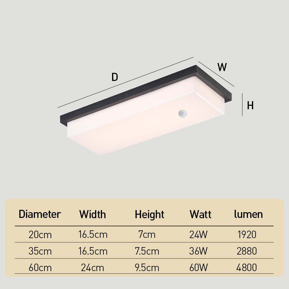 IP65 Rectangular Motion Sensor Aluminium PC Outdoor Ceiling Light for Entryway