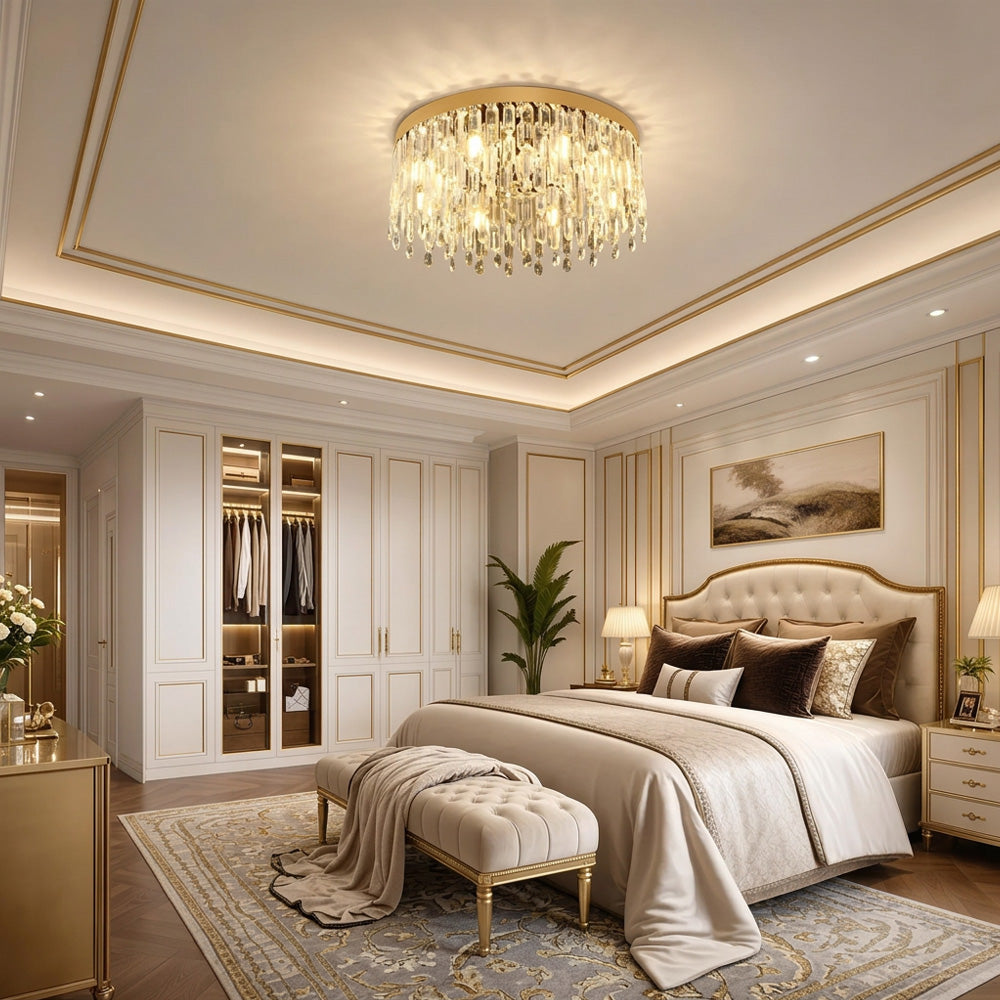 Luxury Gold Crystal Flush Mount Ceiling Light for Living Room