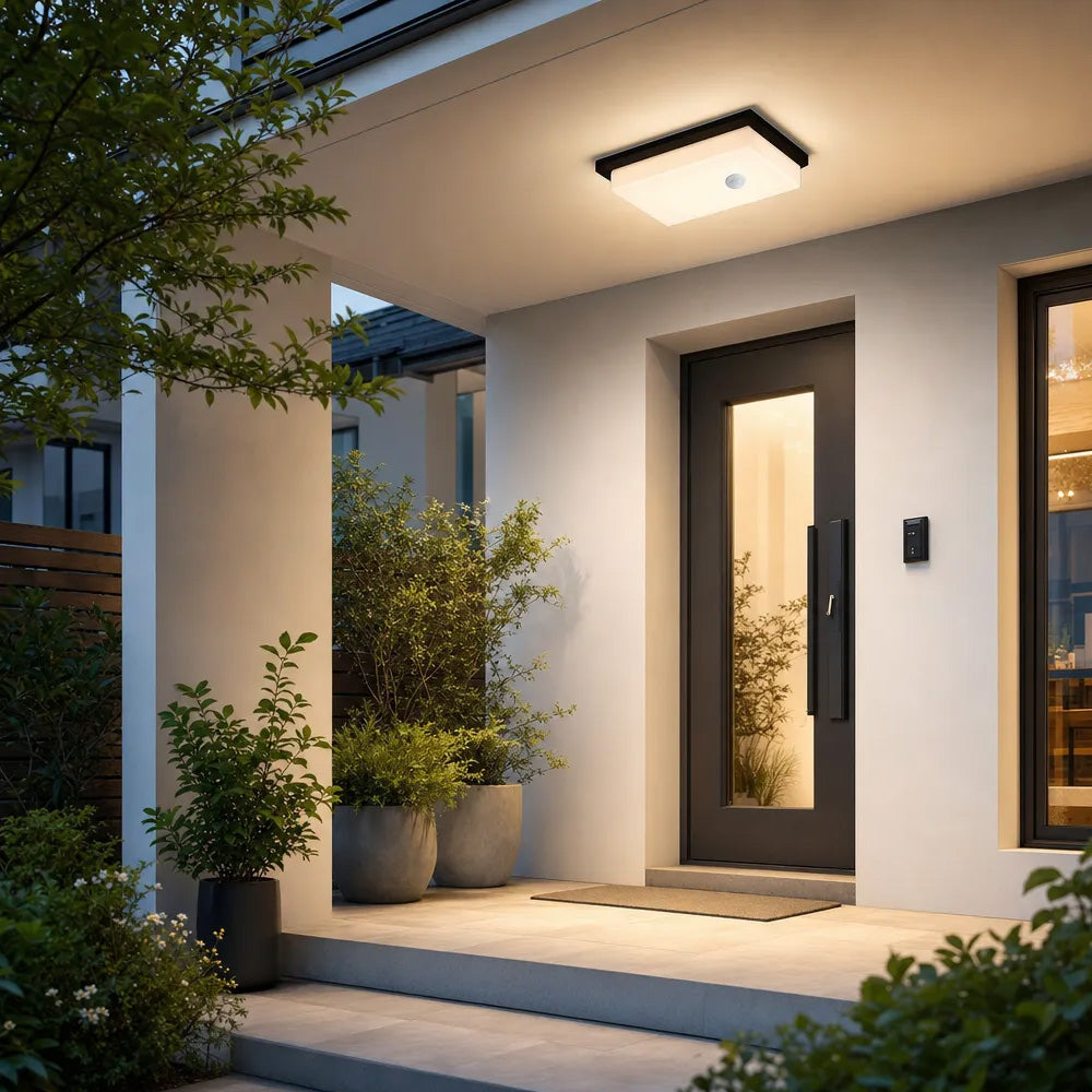 IP65 Rectangular Motion Sensor Aluminium PC Outdoor Ceiling Light for Entryway