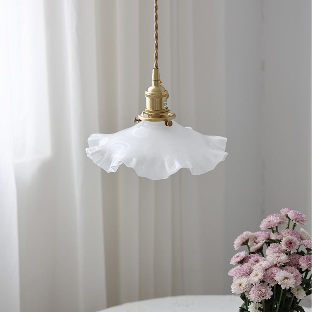 Brass Pleated Pendant Light Glass Hanging Light for Bedroom