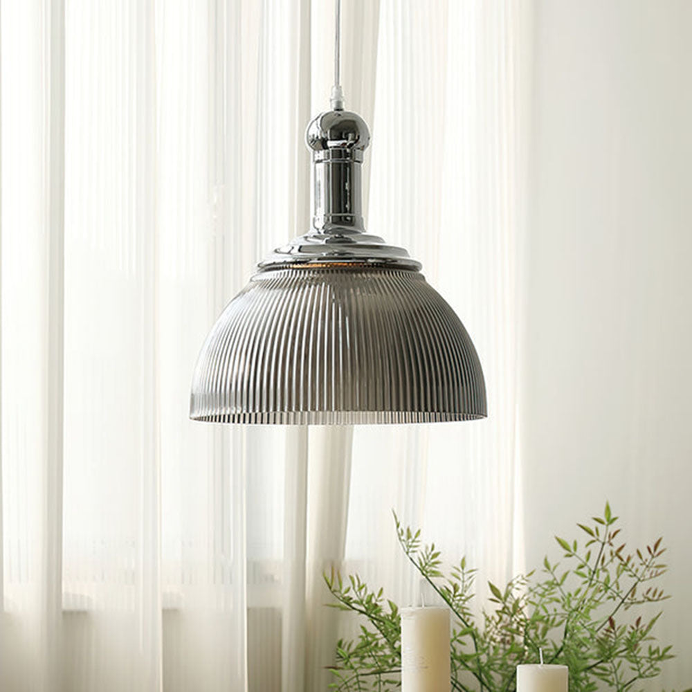 Vintage Iron Ribbed Chrome Pendant Light